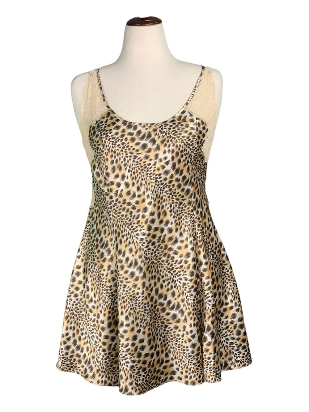 Vtg Victoria's Secret Leopard Print Satin Mini Slip Dress Lace Lingerie Large